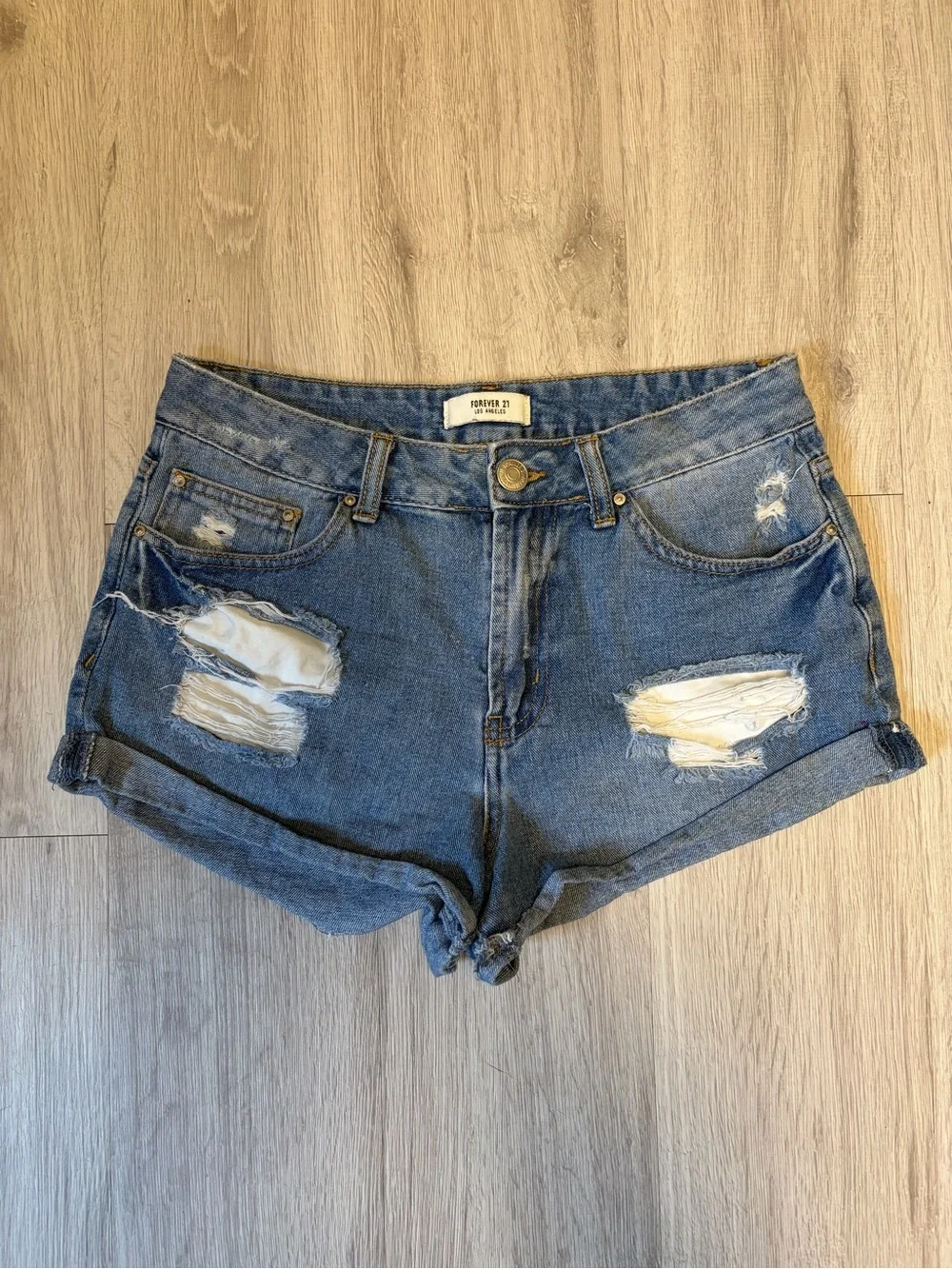 Forever 21 Blue Ripped Roll-Hem Denim Shorts